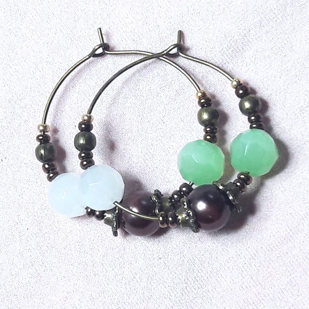 Artisan earrings  526# bohemian Green earrings white mint beads bronze hoop ear